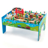 NNECW 84/80 Pieces Wooden Train Set &amp; Table with Reversible Tabletop-Blue