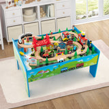 NNECW 84/80 Pieces Wooden Train Set &amp; Table with Reversible Tabletop-Blue