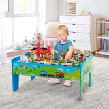 NNECW 84/80 Pieces Wooden Train Set &amp; Table with Reversible Tabletop-Blue