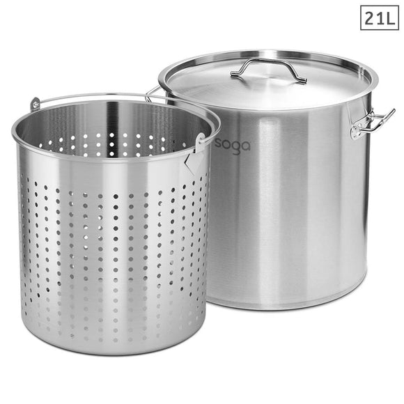 NNEAGS 21L 18/10 Stainless Steel Stockpot with Perforated Stock Pot Basket Pasta Strainer