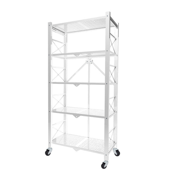 NNEAGS 5 Tier Steel White Foldable Display Stand Multi-Functional Shelves Portable Storage Organizer with Wheels