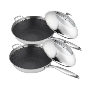 NNEAGS 2X 18/10 Stainless Steel Fry Pan 32cm Frying Pan Top Grade Non Stick Interior Skillet with Helper Handle and Lid