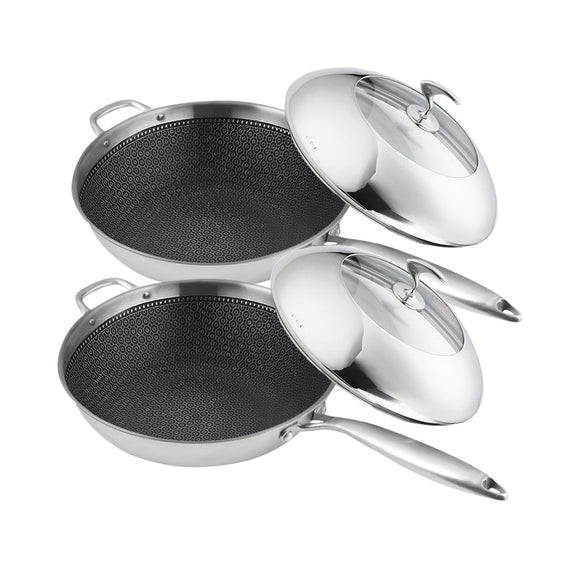 NNEAGS 2X 18/10 Stainless Steel Fry Pan 32cm Frying Pan Top Grade Non Stick Interior Skillet with Helper Handle and Lid