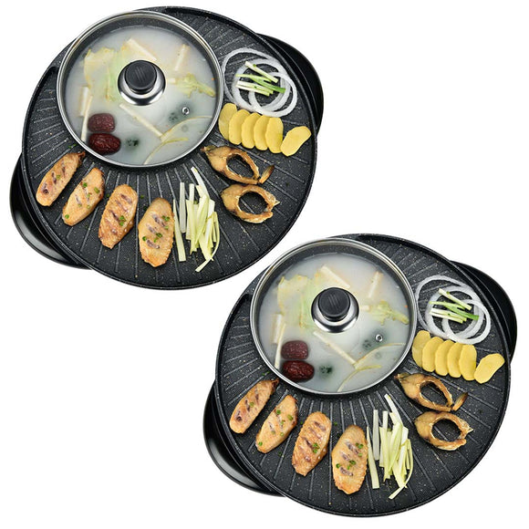 NNEAGS 2X 2 in 1 Electric Stone Coated Teppanyaki Grill Plate Steamboat Hotpot 3-5 Person