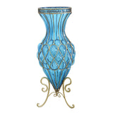 NNEAGS 67cm Blue Glass Tall Floor Vase with Metal Flower Stand