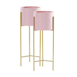 NNEAGS 2X 2 Layer 42cm Gold Metal Plant Stand with Pink Flower Pot Holder Corner Shelving Rack Indoor Display