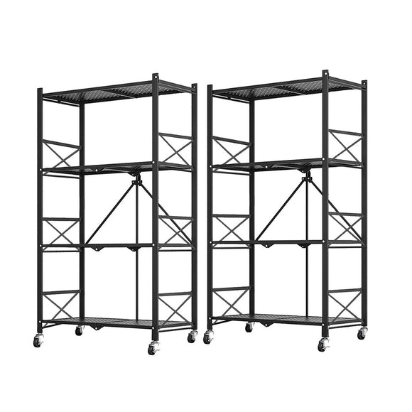NNEAGS 2X 4 Tier Steel Black Foldable Display Stand Multi-Functional Shelves Portable Storage Organizer with Wheels