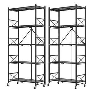 NNEAGS 2X 5 Tier Steel Black Foldable Display Stand Multi-Functional Shelves Portable Storage Organizer with Wheels
