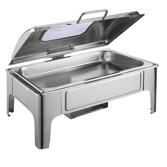 NNEAGS 9L Rectangular Stainless Steel Soup Warmer Roll Top Chafer Chafing Dish Set with Glass Visual Window Lid