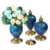 NNEAGS 3X Ceramic Oval Flower Vase with Blue Flower Set Dark Blue