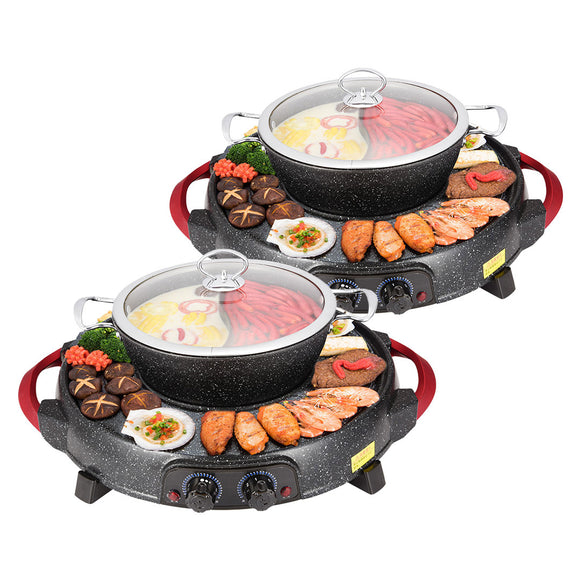 NNEAGS 2X 2  in 1 Electric Stone Coated Grill Plate Steamboat Two Division Hotpot