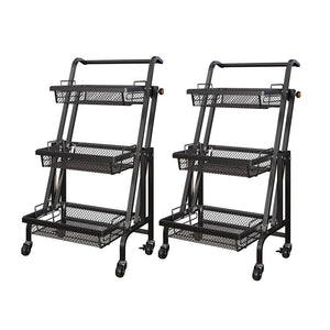 NNEAGS 2X 3 Tier Steel Black Adjustable Kitchen Cart Multi-Functional Shelves Portable Storage Organizer with Wheels