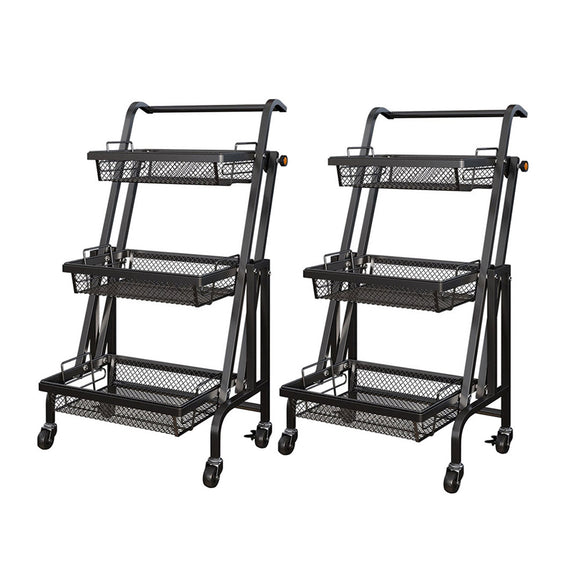 NNEAGS 2X 3 Tier Steel Black Adjustable Kitchen Cart Multi-Functional Shelves Portable Storage Organizer with Wheels