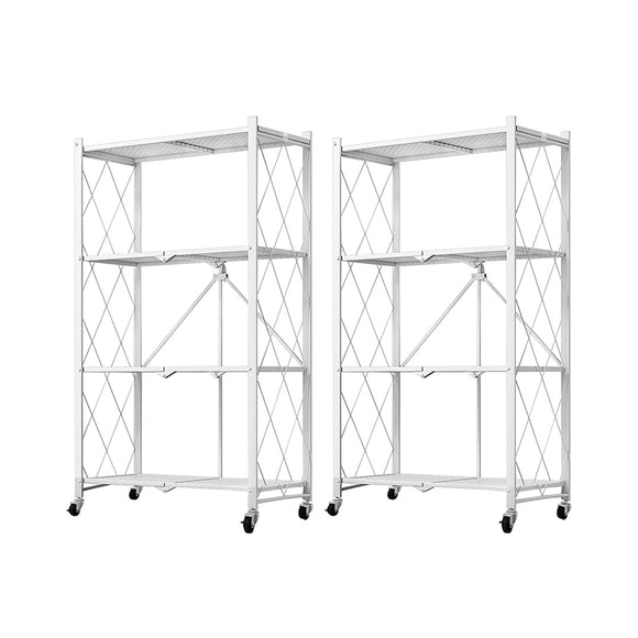 NNEAGS 2X 4 Tier Steel White Foldable Kitchen Cart Multi-Functional Shelves Portable Storage Organizer with Wheels