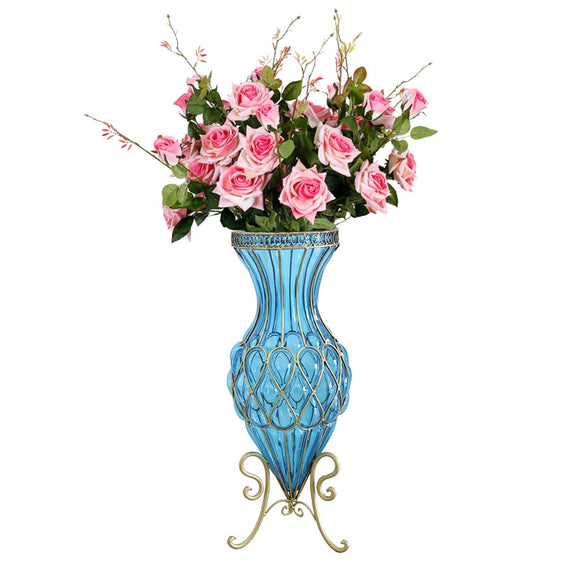 NNEAGS 67cm Blue Glass Tall Floor Vase and 12pcs Pink Artificial Fake Flower Set