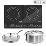 NNEAGS Dual Burners Cooktop Stove, 14L Stainless Steel Stockpot and 28cm Induction Fry Pan
