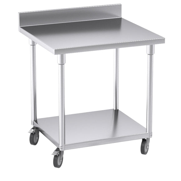 NNEAGS 80cm Catering Kitchen Stainless Steel Prep Work Bench Table with Backsplash and Caster Wheels