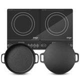 NNEAGS Dual Burners Cooktop Stove 30cm Cast Iron Skillet and 34cm Induction Crepe Pan Cookware