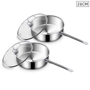 NNEAGS 2X 26cm Stainless Steel Saucepan Sauce pan with Glass Lid and Helper Handle Triple Ply Base Cookware