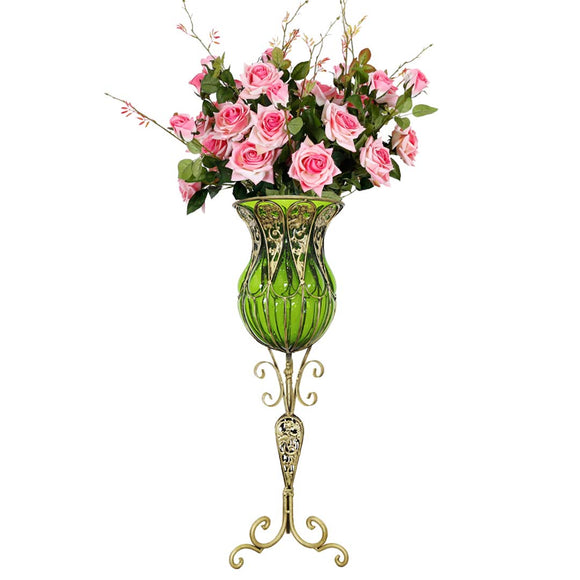 NNEAGS 85cm Green Glass Tall Floor Vase and 12pcs Pink Artificial Fake Flower Set