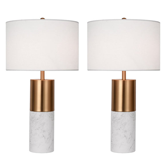 NNEAGS 2X 60cm White Marble Bedside Modern Desk Table Lamp Living Room Shade with Cylinder Base