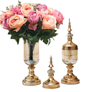 NNEAGS 2X Clear Glass Flower Vase with Lid and Pink Flower Filler Vase Gold Set