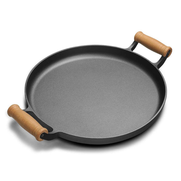 NNEAGS 31cm Cast Iron Frying Pan Skillet Steak Sizzle Fry Platter With Wooden Handle No Lid