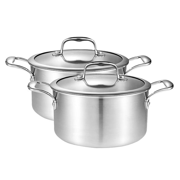 NNEAGS 2X 22cm Stainless Steel Soup Pot Stock Cooking Stockpot Heavy Duty Thick Bottom with Glass Lid