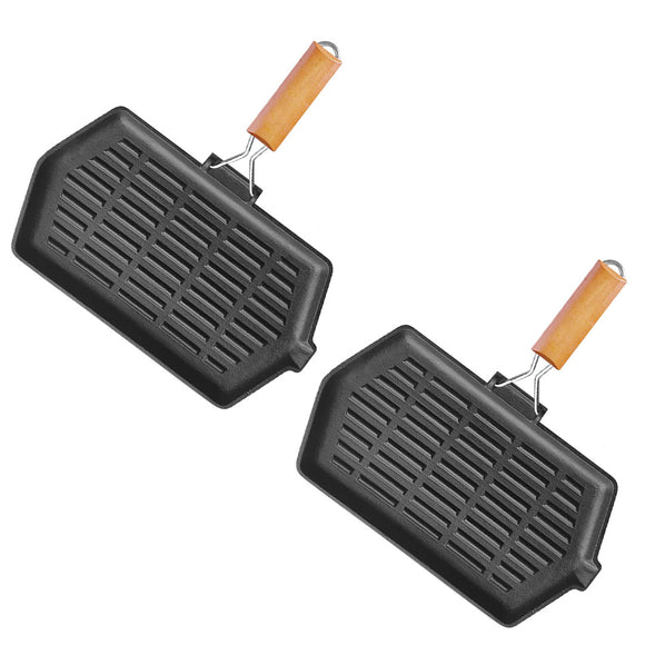 NNEAGS 2X Rectangular Cast Iron Griddle Grill Frying Pan with Folding Wooden Handle