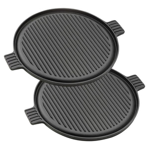 NNEAGS 2X 43cm Round Ribbed Cast Iron Frying Pan Skillet Steak Sizzle Platter with Handle