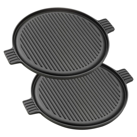 NNEAGS 2X 43cm Round Ribbed Cast Iron Frying Pan Skillet Steak Sizzle Platter with Handle