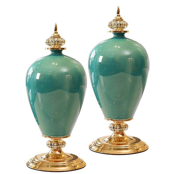 NNEAGS 2X 42cm Ceramic Oval Flower Vase with Gold Metal Base Green