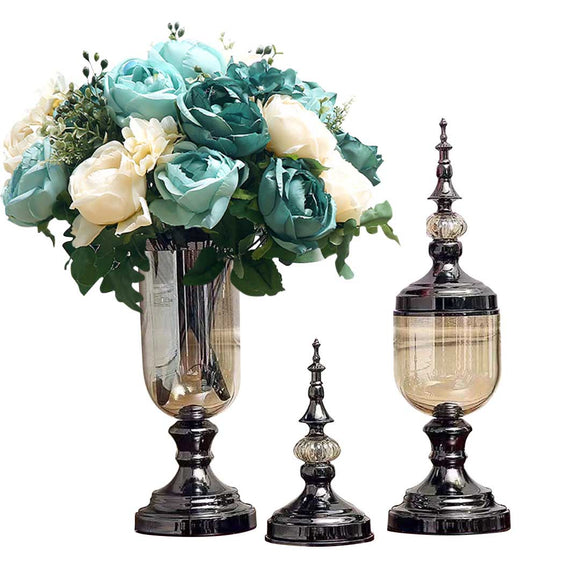 NNEAGS 2X Clear Glass Flower Vase with Lid and Blue Flower Filler Vase Black Set