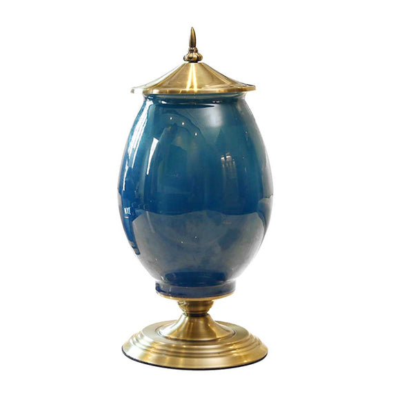 NNEAGS 40.5cm Ceramic Oval Flower Vase with Gold Metal Base Dark Blue