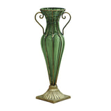 NNEAGS Green Colored European Glass Flower Vase Solid Base with Two Gold Metal Handle
