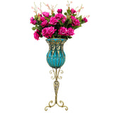 NNEAGS 85cm Blue Glass Tall Floor Vase and 12pcs Dark Pink Artificial Fake Flower Set