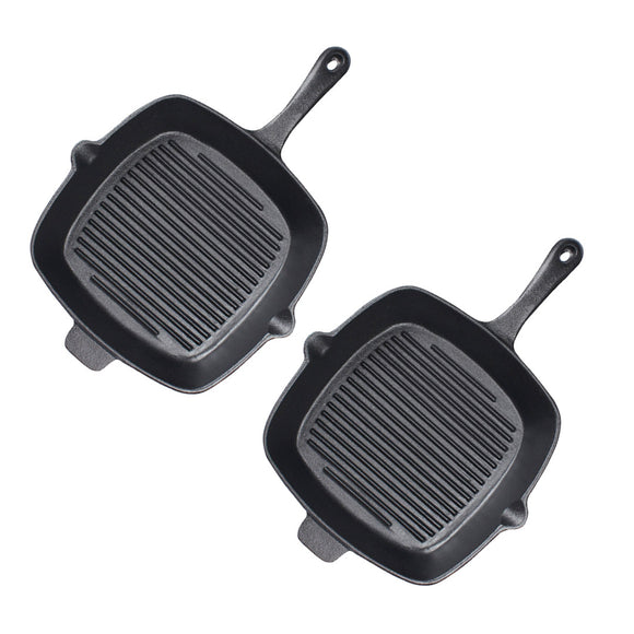 NNEAGS 2X 26cm Square Ribbed Cast Iron Frying Pan Skillet Steak Sizzle Platter with Handle