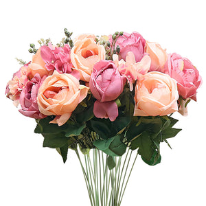 NNEAGS 3pcs Artificial Silk with 15 Heads Flower Fake Rose Bouquet Table Decor Pink