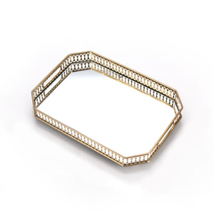 NNEAGS 35cm Gold Rectangle Ornate Mirror Glass Metal Tray Vanity Makeup Perfume Jewelry Organiser with Handles