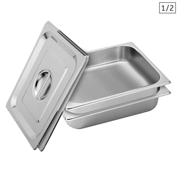 NNEAGS 2X GN Pan Full Size 1/2 GN Pan 6.5cm Deep Stainless Steel Tray With Lid