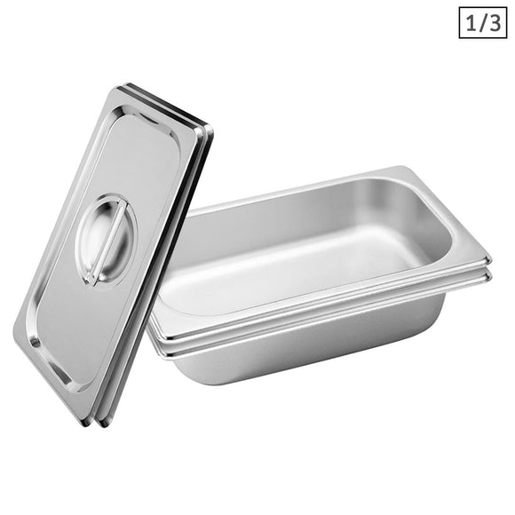 NNEAGS 2X GN Pan Full Size 1/3 GN Pan 6.5 cm Deep Stainless Steel Tray With Lid