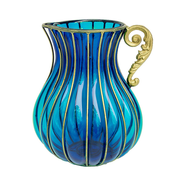 NNEAGS Blue European Colored Glass Home Decor Jar Flower Vase with Metal Handle