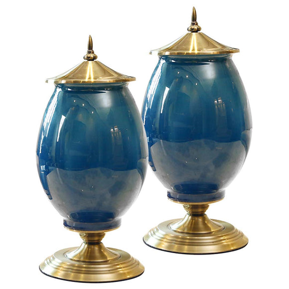 NNEAGS 2X 40cm Ceramic Oval Flower Vase with Gold Metal Base Dark Blue