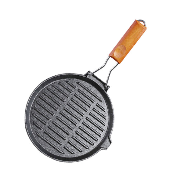 NNEAGS 24cm Round Ribbed Cast Iron Steak Frying Grill Skillet Pan with Folding Wooden Handle