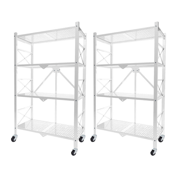 NNEAGS 2X 4 Tier Steel White Foldable Display Stand Multi-Functional Shelves Portable Storage Organizer with Wheels
