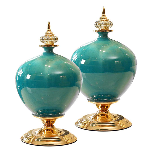 NNEAGS 2X 38cm Ceramic Oval Flower Vase with Gold Metal Base Green