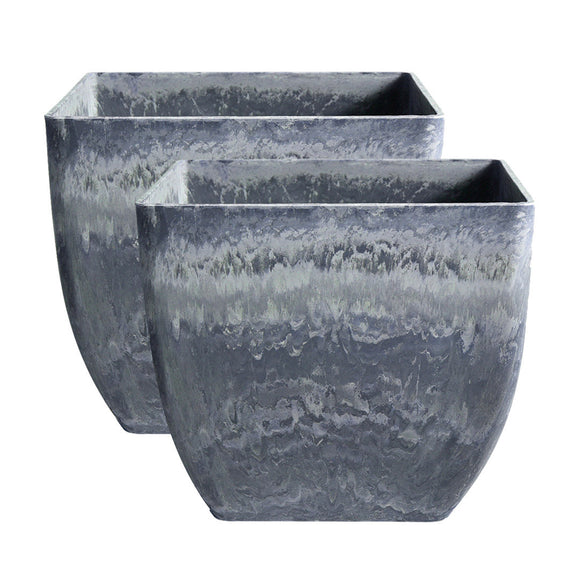 NNEAGS 2X 32cm Weathered Grey Square Resin Plant Flower Pot in Cement Pattern Planter Cachepot for Indoor Home Office