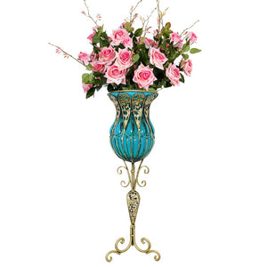 NNEAGS 85cm Blue Glass Tall Floor Vase and 12pcs Pink Artificial Fake Flower Set