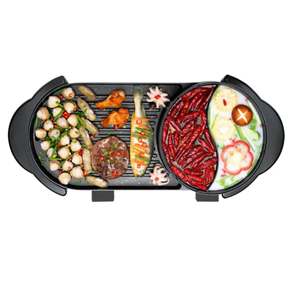 NNEAGS 2 in 1 Electric Non-Stick BBQ Teppanyaki Grill Plate Steamboat Hotpot 2-8 Person