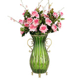 NNEAGS 51cm Green Glass Tall Floor Vase with 12pcs Pink Artificial Fake Flower Set